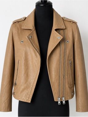 IRO Tan Leather Biker Jacket with Asymmetric Zipper
